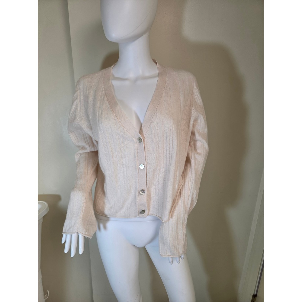 Crush Cashmere Women Cream Ribbed V-Neck Button Front Cardigan Sweater Size 1 - Picture 4 of 10
